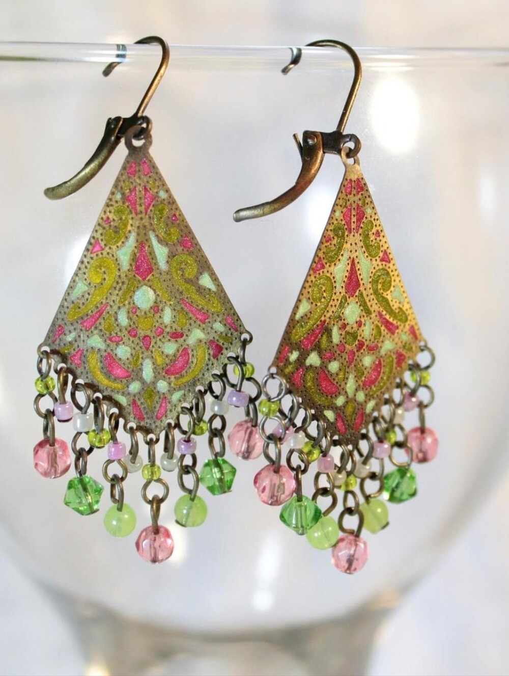 Handcrafted Pink & Green Filigree Dangle Earrings